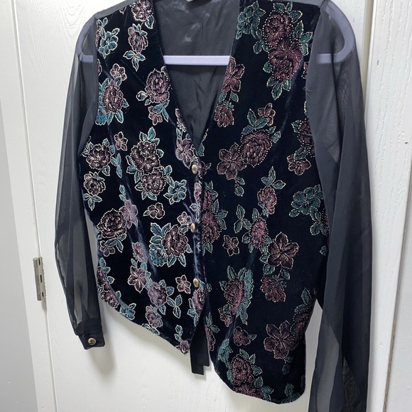 Vintage Women's Blouse vest Long‎ sheer sleeve outstanding floral Black Medium - Picture 2 of 11